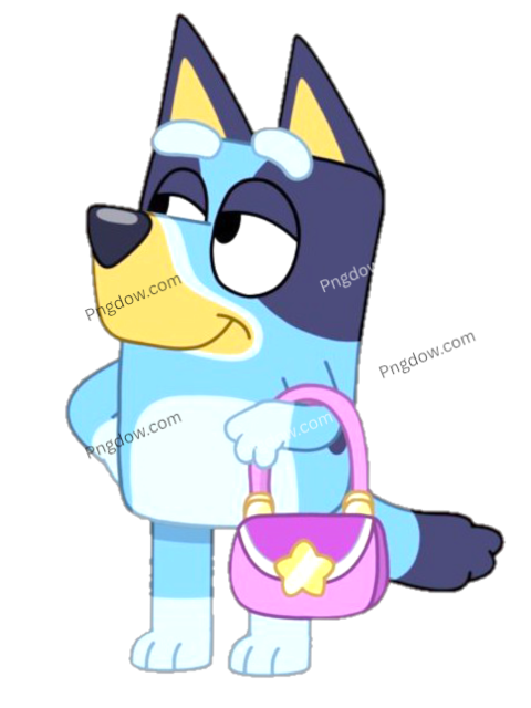 A cartoon dog holding a purse and a star, in blue and white colors