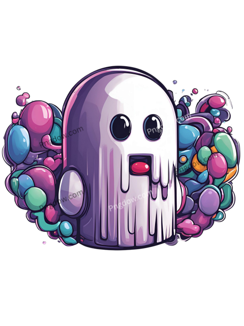 A cartoon ghost with colorful balloons floating around it, among us png