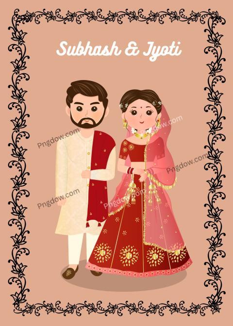 Download cute Indian bride and groom in traditional dress for wedding invitations card for free download