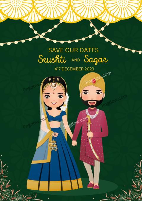 Premium Vector, Save the date cute indian bride and groom with traditional wedding invitation card