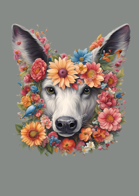 There is a drawing of a wolf with flowers on art