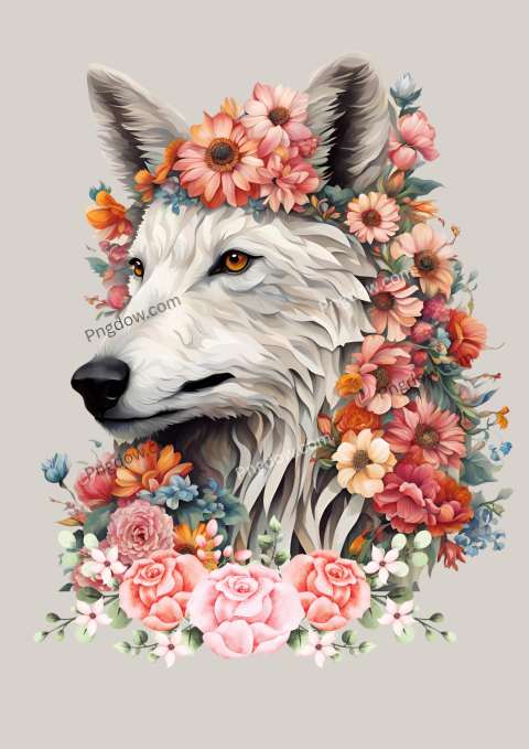 There is a wolf with flowers on its head and a art