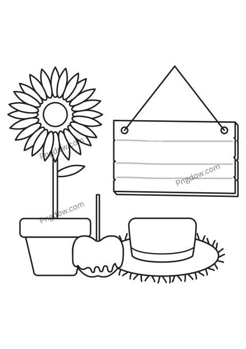 Black and white drawing of a sunflower, sign, and pot