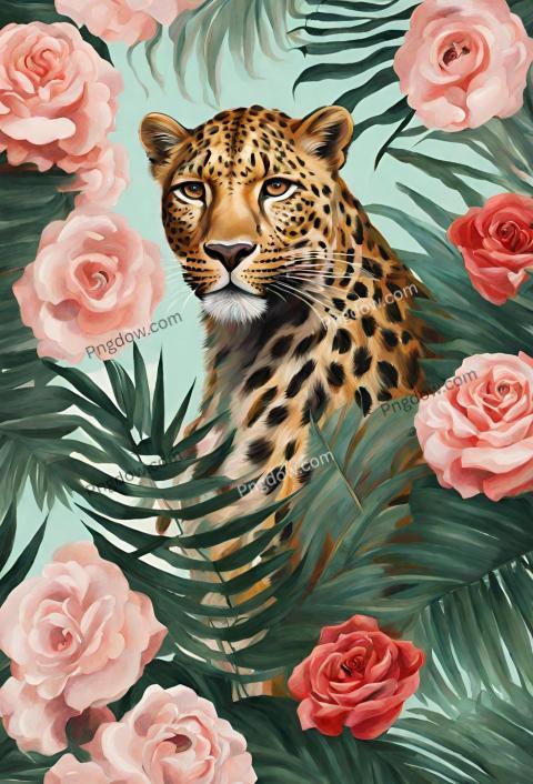 Illustration of an oil painting portrait of a leopard among roses and palm leaves