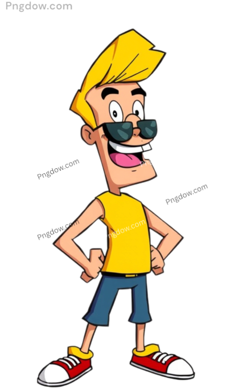 Cartoon boy wearing sunglasses and a yellow shirt, resembling Johnny Bravo, exuding a confident and playful demeanor