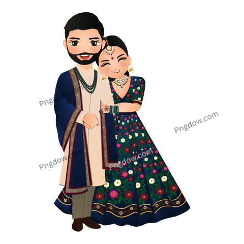 Bride and groom cute couple indian dress cartoon character (34)