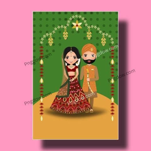 Wedding invitation card the bride and groom cute couple in traditional indian dress cartoon character Vector illustration for free