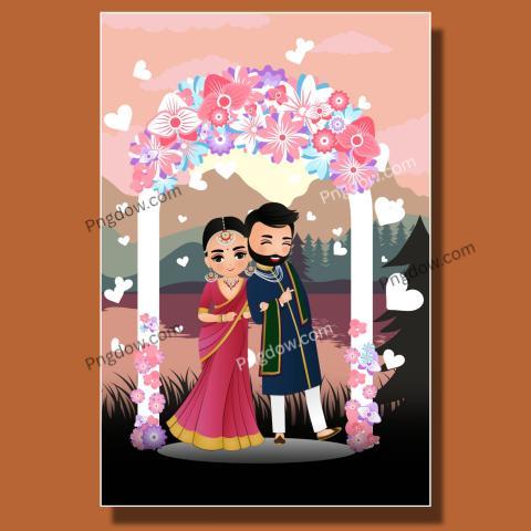 Premium For Free Vector | Wedding invitation card the bride and groom cute couple in traditional indian dress cartoon