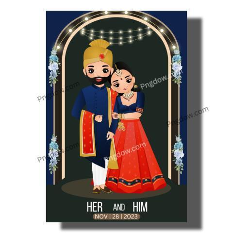 Bride and groom cute couple in traditional indian dress cartoon character for free