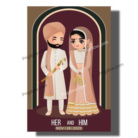 Download Wedding invitation card the bride and groom cute couple in traditional indian dress cartoon character, for free