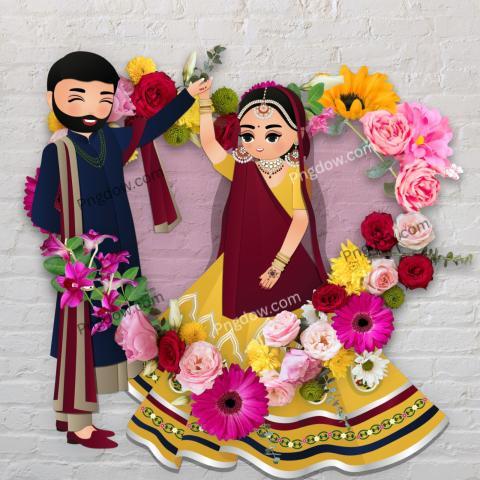 Premium For Free Downloads , Wedding invitation card the bride and groom cute couple in traditional indian dress cartoon (53)