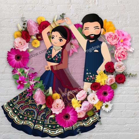 Premium For Free Downloads , Wedding invitation card the bride and groom cute couple in traditional indian dress cartoon (58)