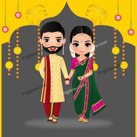 Cute couple in traditional indian dress cartoon character Romantic wedding invitation card for Free Download