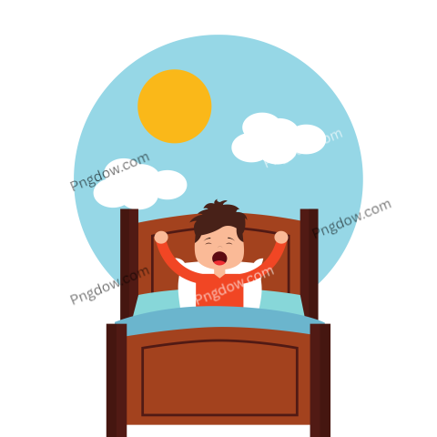 Boy Wake up Stretching in Wooden Bed and Morning Day Sun Cloud