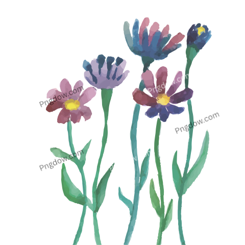 Watercolor Flowers with Stems, transparent background