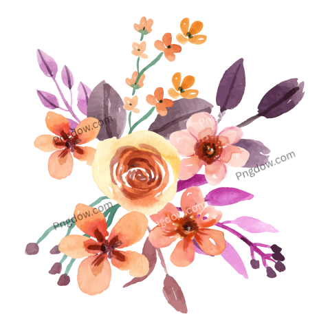 Painted Watercolor Flowers and Leaves, transparent background
