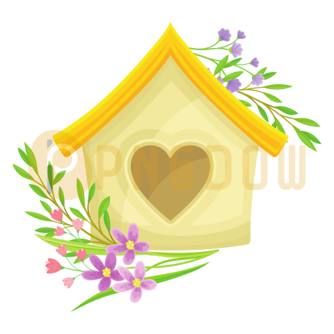 Wooden Nesting Box with Blooming Flower and Grass Blades as Spring Vector Composition
