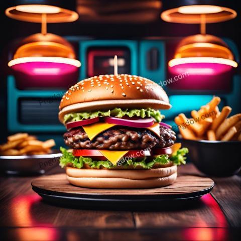 Download High Resolution Free Image, Mouthwatering Hamburger on Wooden Table