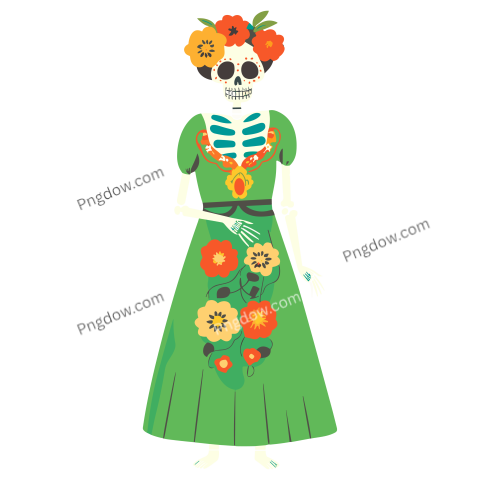 Dia de los Muertos female skeleton flat illustration PNG image