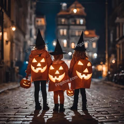 Kids in Halloween costumes playing on night city street, back view. The city streets at night are decorated with Halloween decorations and lanterns