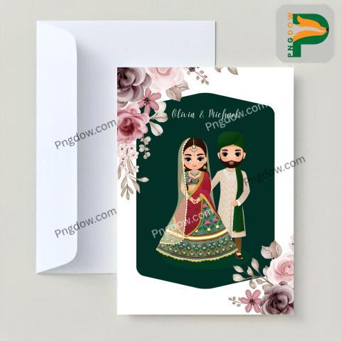 Download Unique Indian Wedding Invitation Card with Adorable Cartoon Couple in Traditional Attire
