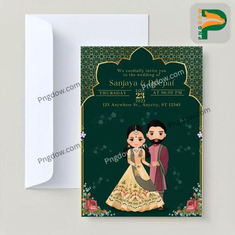 Get Your Adorable Indian Wedding Invitation Card with Traditional Dress Cartoon of the Bride and Groom Download Now!
