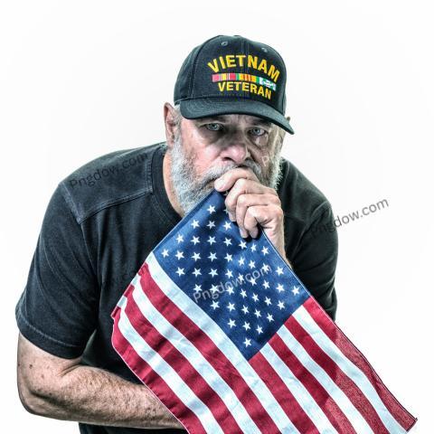 Crying US Navy Vietnam Veteran Holding American Flag