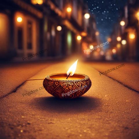 Happy Diwali Lit diya lamp on street at night free