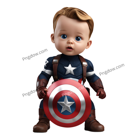 Baby Captain America in 3D, dressed in the classic red, white, and blue costume, holding a tiny shield
