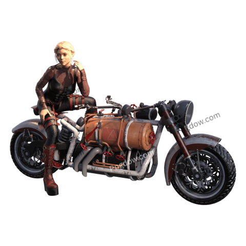 Woman sitting on motorcycle with large tank