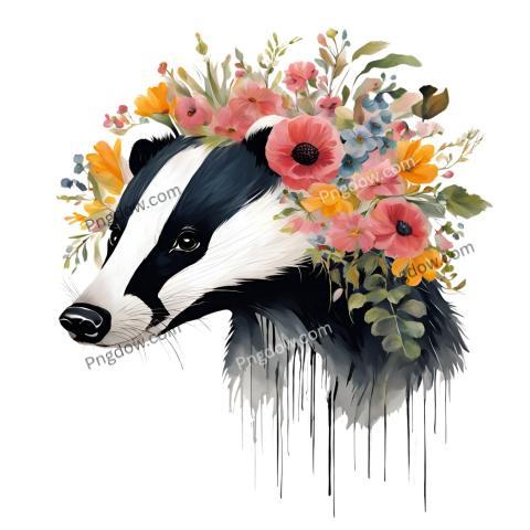 A whimsical flower Badger with colorful blooms in its hair, set against a clean white background