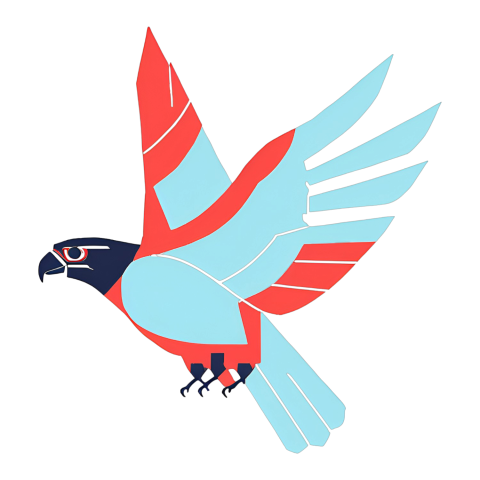 A vibrant falcon with red and blue wings