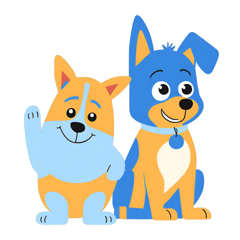 Cartoon image of two dogs, Bluey and Bingo, sitting together