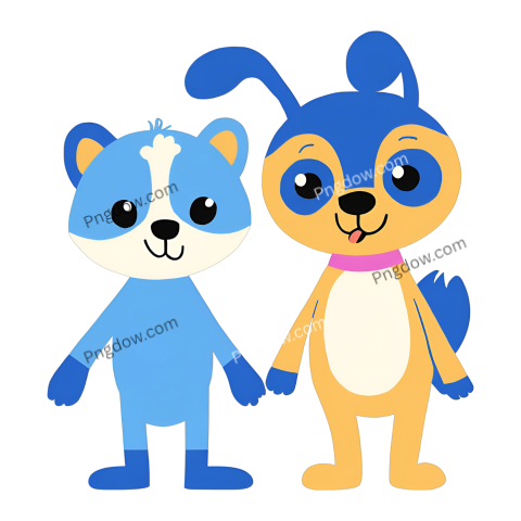 Two cartoon animals, Bluey and Bingo, standing side by side