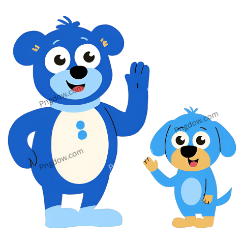 Blue bear and dog, Bluey and Bingo, standing together, Png images