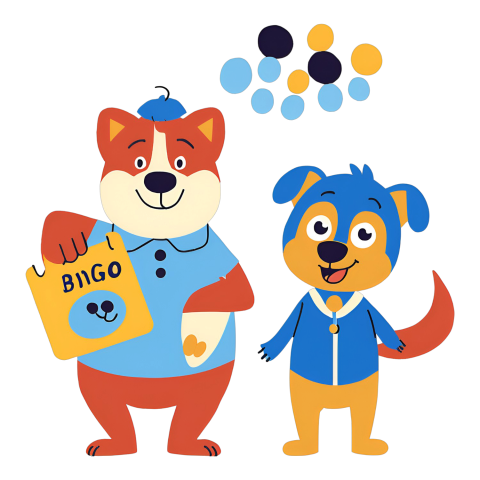 Two cartoon dogs, one holding a bingo card Bluey and Bingo PNG