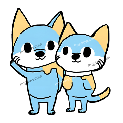 Two cartoon cats, Bluey and Bingo, wearing blue and yellow outfits