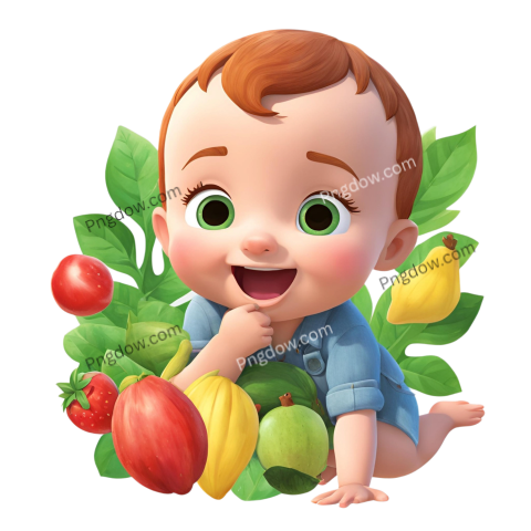 A baby boy surrounded by colorful fruits and vegetables in a cocomelon png image