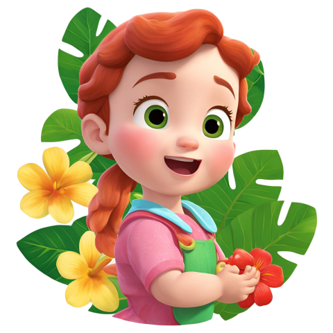 A cartoon girl holding flowers and leaves, cocomelon png