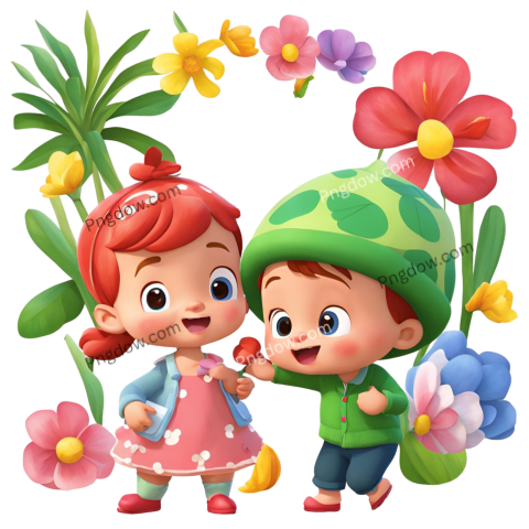 Two children standing in front of flowers, cocomelon png