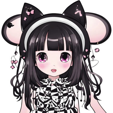 A kuromi png featuring an anime girl in a black and white dress with a cat headband
