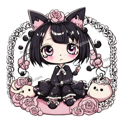 A kuromi png of a cute anime girl with black hair and pink eyes