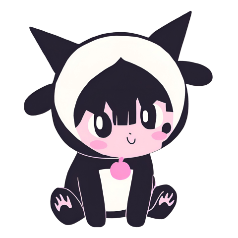 Black and white cartoon cat with pink eyes, Kuromi PNG