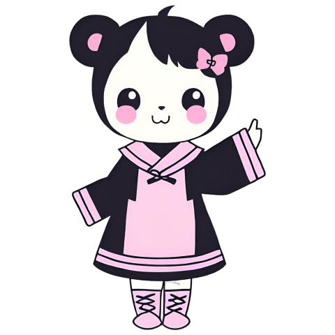 A Kuromi PNG of a cartoon bear in a pink dress and black shoes