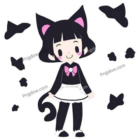 A Kuromi PNG of a cartoon cat girl with black hair and pink dress