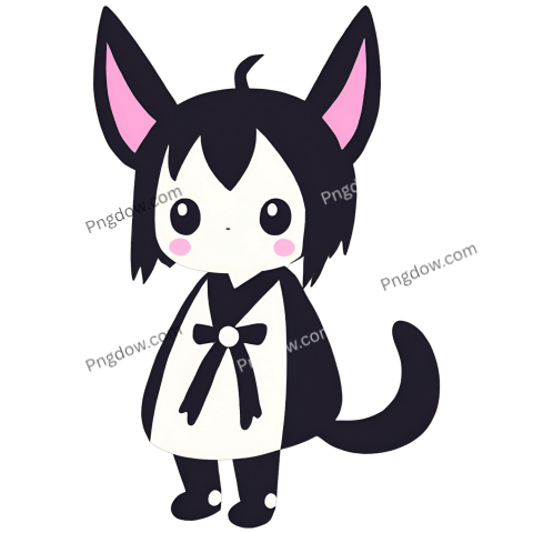 A Kuromi PNG featuring a cartoon cat with pink ears and a black and white dress