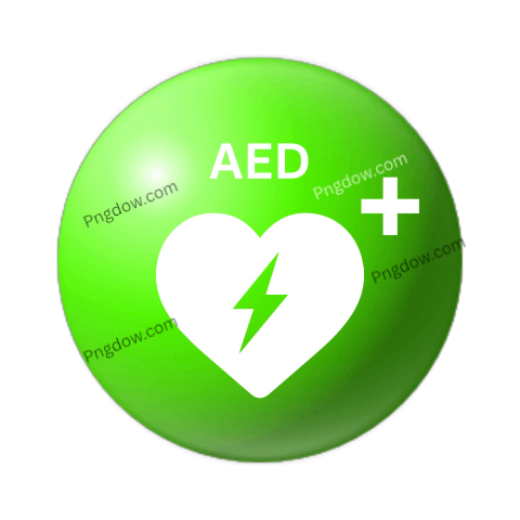 A green button featuring a heart and lightning bolt, symbolizing emergency assistance, with a transparent background