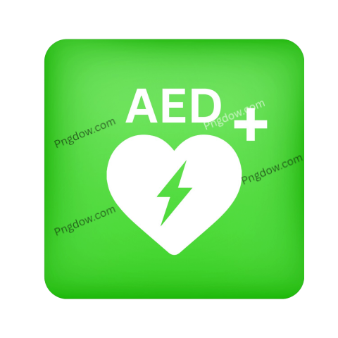 Green AED plus icon with heart and lightning bolt on transparent background