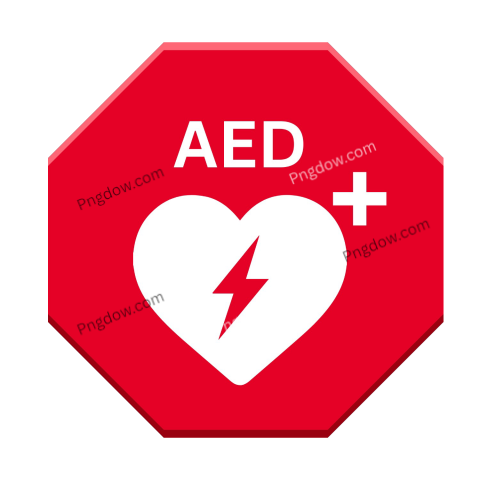 A red stop sign featuring a heart and a lightning bolt, designed for AED signs with a transparent PNG format