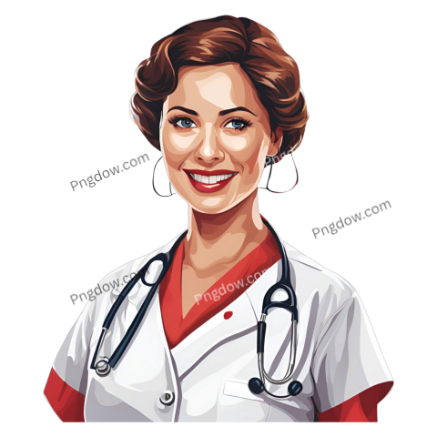 Cartoon female doctor with a stethoscope, smiling confidently, representing healthcare and compassion in a vibrant design